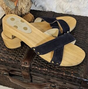 Boden Navy Suede Crossband Wooden Heel Mules